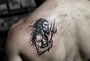 skinny poseidon, behind a trident, looking at the sky tattoo idea