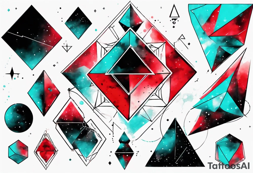 Geometric ethereum space single image, abstract art, red and cyan, pigment acquarel color tattoo idea