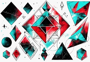 Geometric ethereum space single image, abstract art, red and cyan, pigment acquarel color tattoo idea