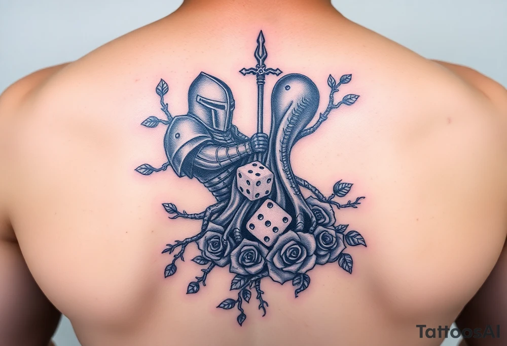 knight and squid intertwined with tree roots and roses rolling dice tattoo idea