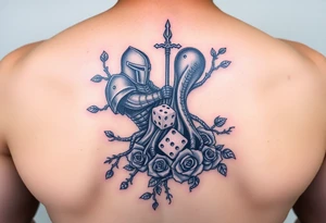 knight and squid intertwined with tree roots and roses rolling dice tattoo idea