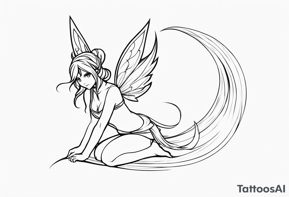 No color sketch of a fairy with a tail inspired by the guild symbol in the anime show called Fairy Tail in a fetal position leaning in and forward while crawled in tattoo idea