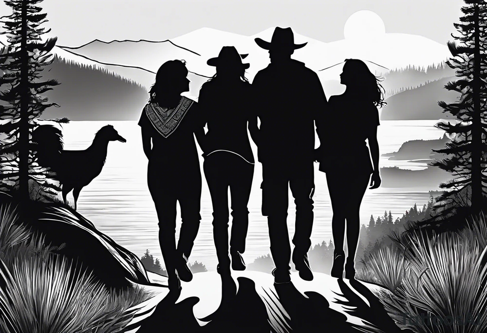 A shadow of a family of four walking through the Pacific northwest landscape. Faith centered and add Mexican culture .  Add frame tattoo idea