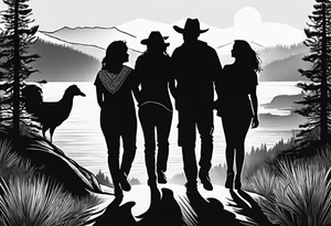 A shadow of a family of four walking through the Pacific northwest landscape. Faith centered and add Mexican culture .  Add frame tattoo idea