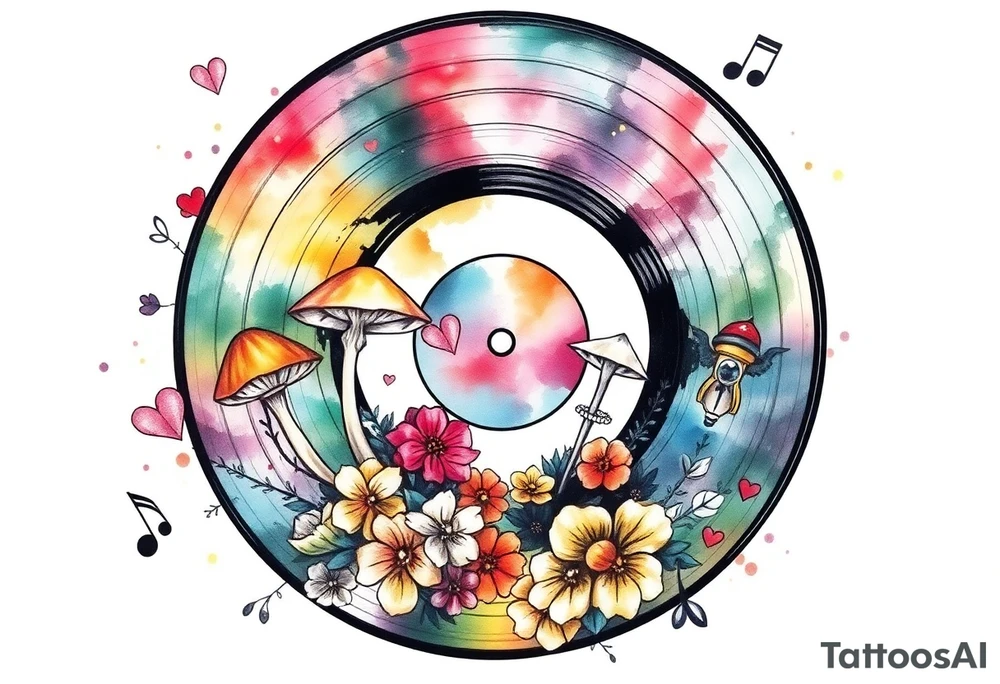 vinyl record with mushrooms, flowers, hearts, and music notes tattoo idea