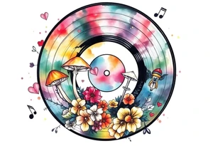 vinyl record with mushrooms, flowers, hearts, and music notes tattoo idea