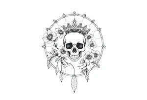 Mandala dream catcher with detailed beautiful gothic boho flowers on vine and skull with gorgeous crown tattoo idea