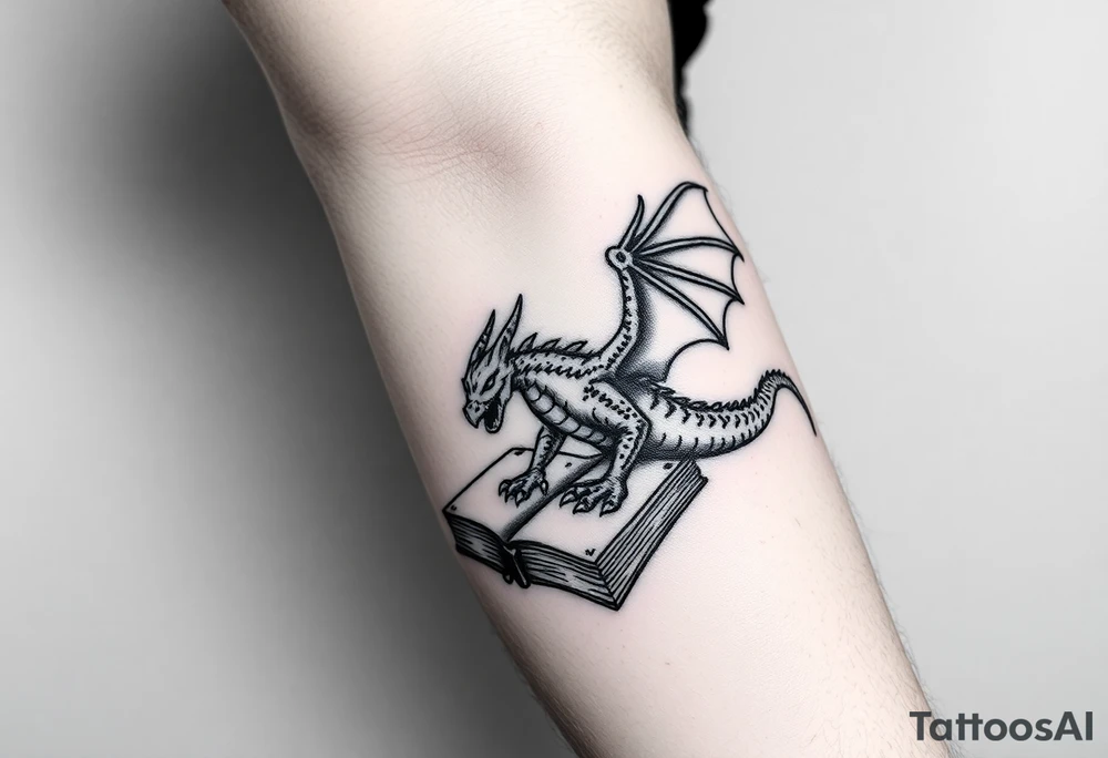 arm sleeve, fantasy, incorporates existing small tattoo of a dragon flying out of a book located just above the back of the elbow

Dungeons and Dragons
Warcraft
Lord of the Rings
Forgotten Realms tattoo idea
