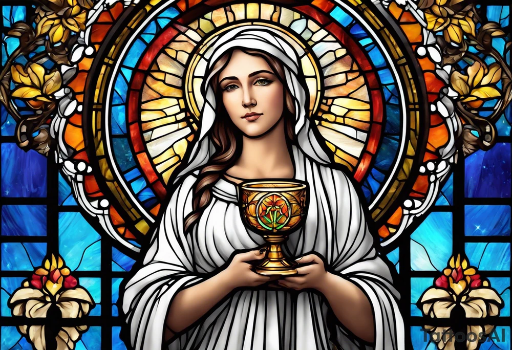 holy saint woman with halo stained glass holding a chalice tattoo idea