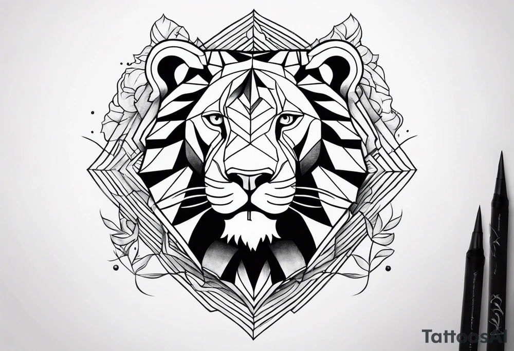 leão com relógio e bússola no fundo tattoo idea