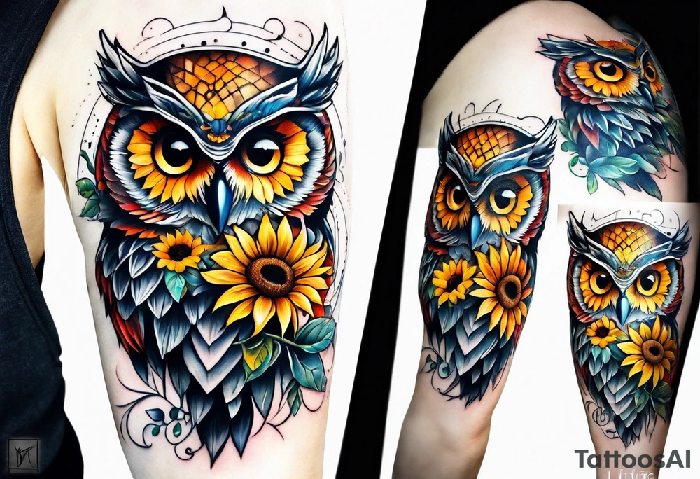Sleeve with an owl, sunflower and butterfly tattoo idea