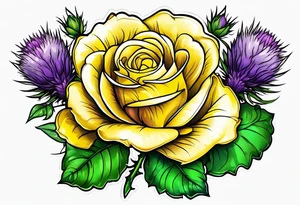 Yellow rose, purple thistle, and green shamrock with lettering KND tattoo idea