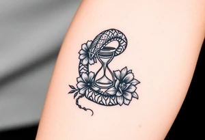 Ouroboros surrounded by a flower and hour glass tattoo idea