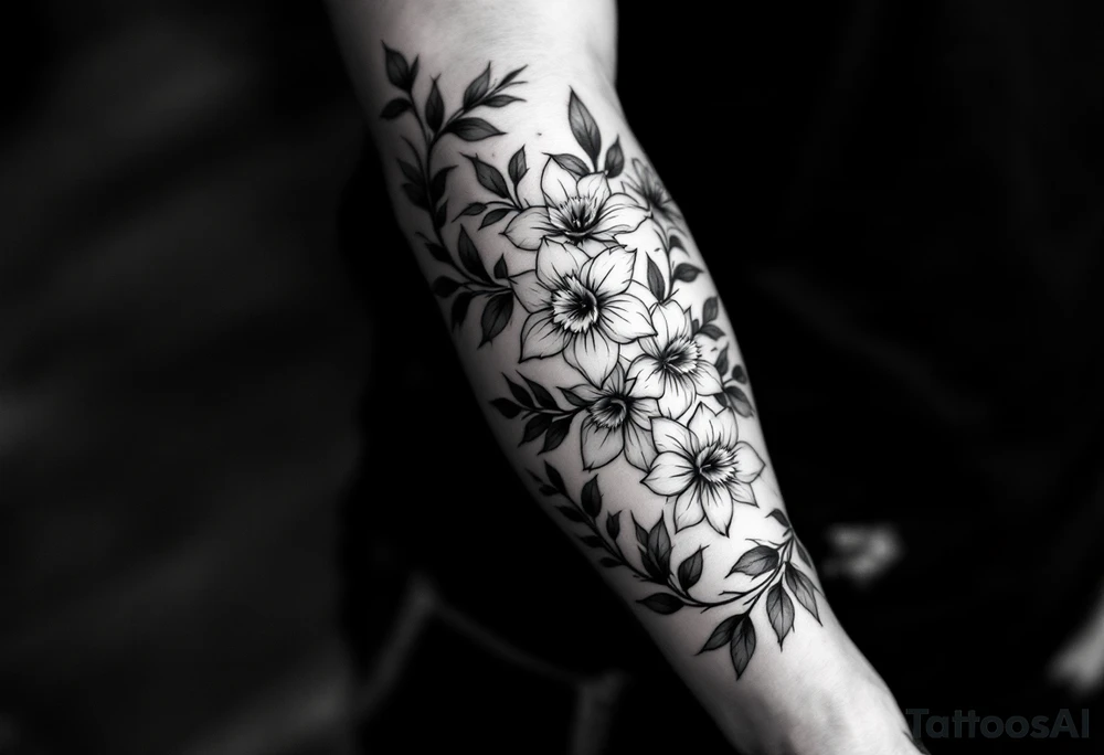 starting from a band mid-forearm, a sleeve of holly flowers and daffodils tattoo idea