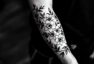 starting from a band mid-forearm, a sleeve of holly flowers and daffodils tattoo idea