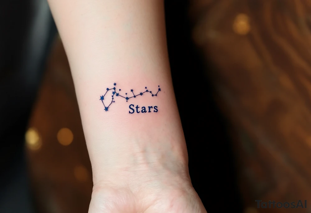 A quote in icy blue ink crosses the wrist with a constellation pattern forming the final word: Stars. tattoo idea