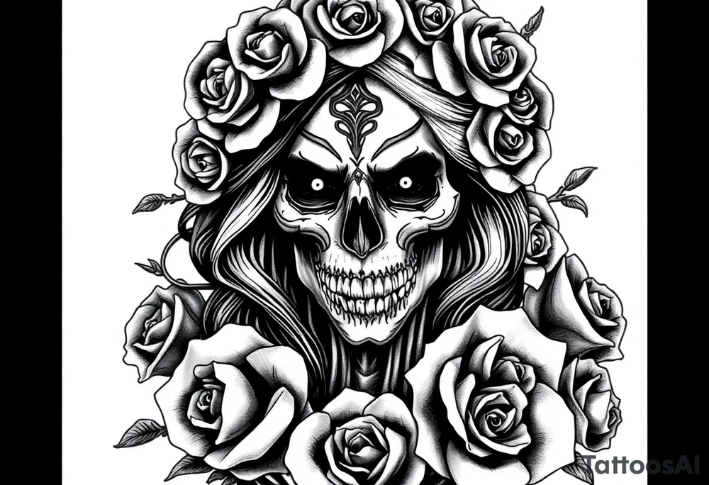 Powerful and evil day of the dead woman,  surrounded by unclaimed souls and roses tattoo idea