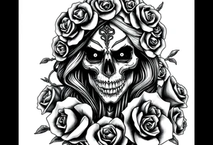 Powerful and evil day of the dead woman,  surrounded by unclaimed souls and roses tattoo idea