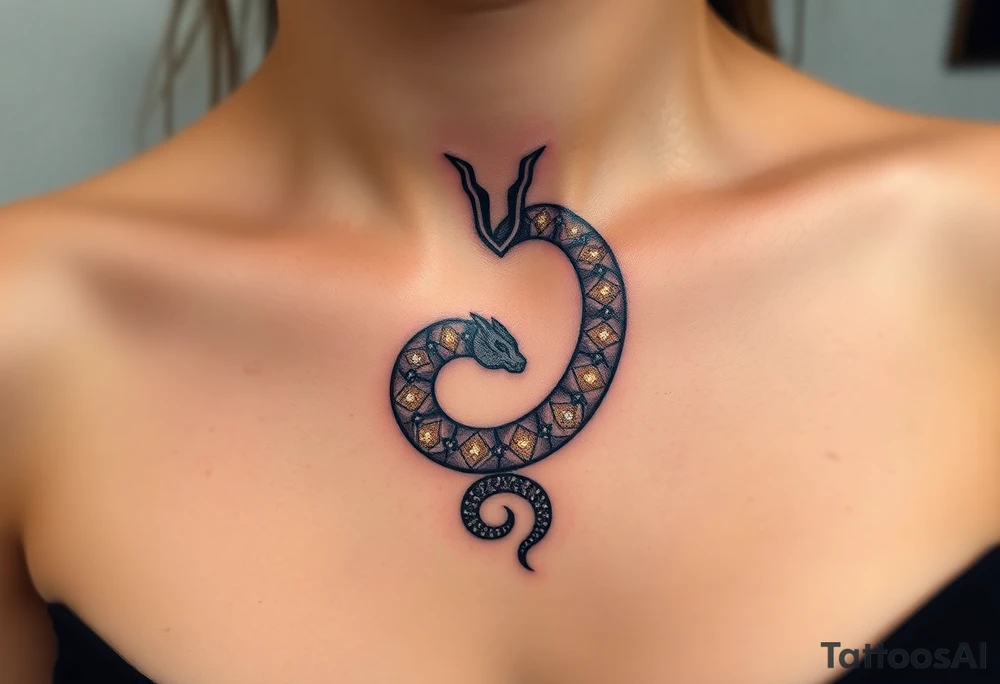 A celestial Ouroboros with shimmering golden and silver patterns, embedded with tiny constellations across its body. tattoo idea