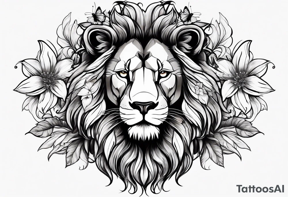 African lion covered in lilies butterflies crown main made of feathers tattoo idea