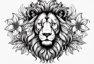 African lion covered in lilies butterflies crown main made of feathers tattoo idea