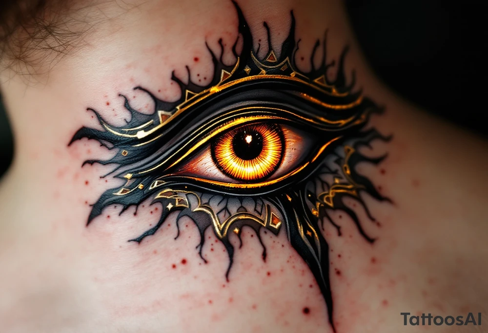 A black and gold Eye of Horus, glowing with ancient protection. tattoo idea
