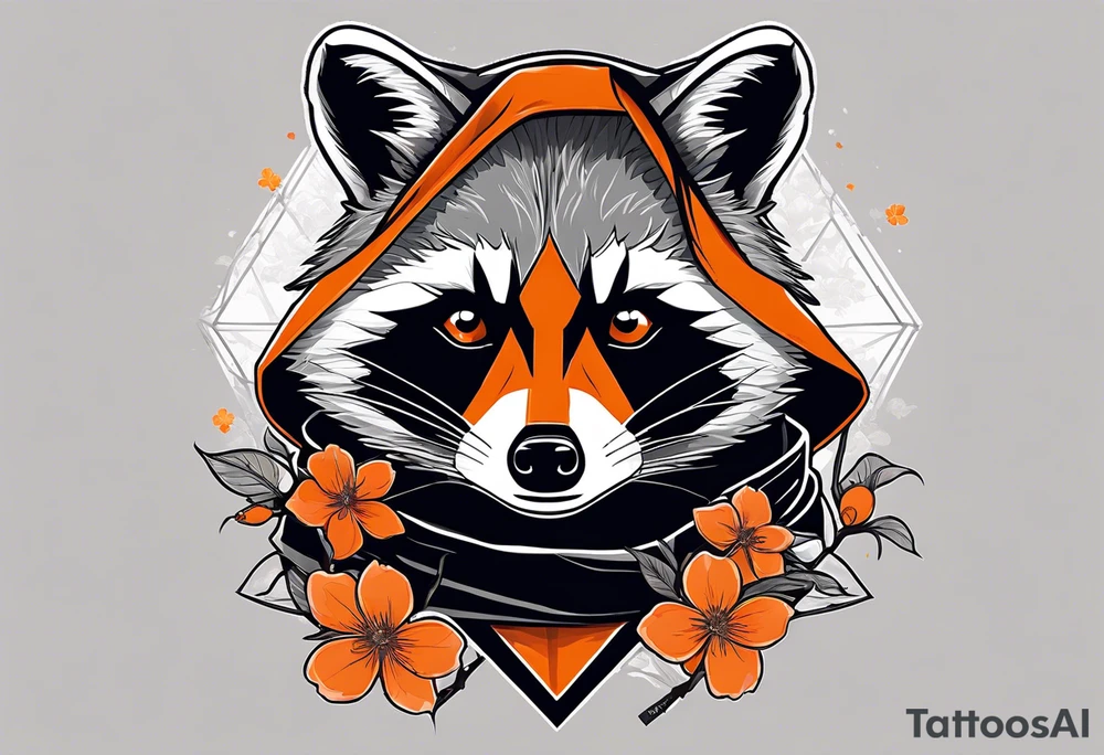 Raccoon wearing a white Superman logo on a black hoodie and orange Japanese cherry blossoms tattoo idea