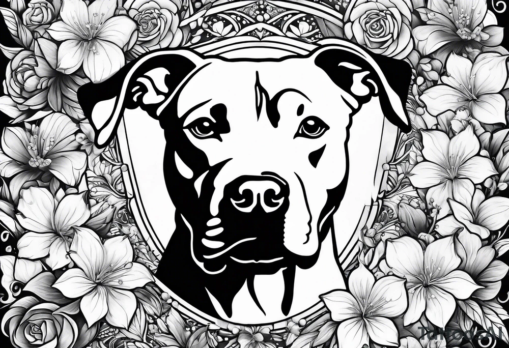 pit bull looking up at you surrounded by flowers tattoo idea