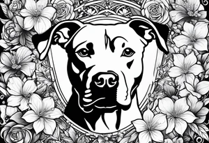 pit bull looking up at you surrounded by flowers tattoo idea