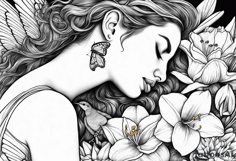 fallen angel with head down and face covered by her hair surrounded by lily, daffodil, rose, daisy, narcissus holding a hummingbird tattoo idea