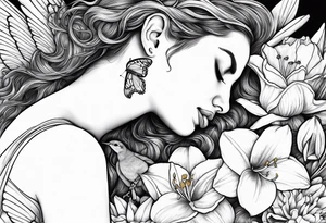 fallen angel with head down and face covered by her hair surrounded by lily, daffodil, rose, daisy, narcissus holding a hummingbird tattoo idea