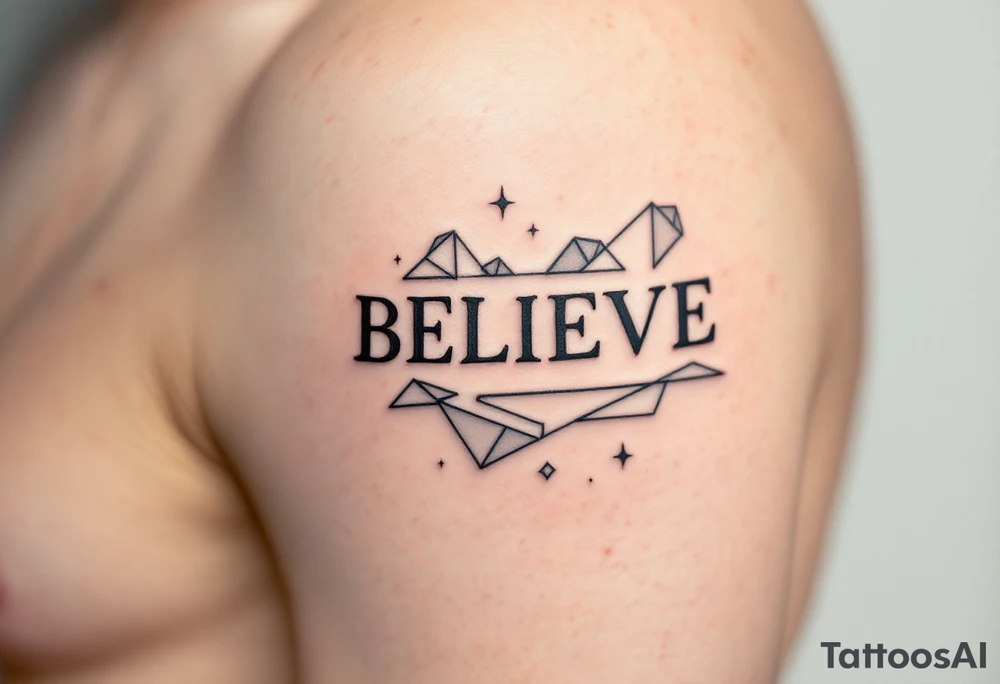 A minimalist "Believe" in black ink, accompanied by geometric shapes in soft gray to represent inner strength and clarity. tattoo idea