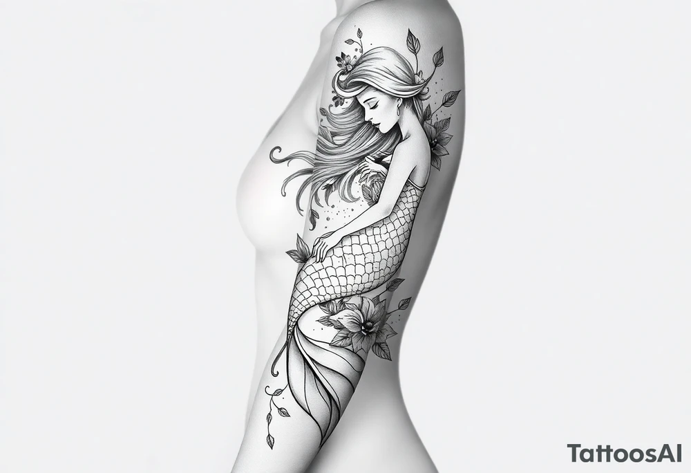 ethereal mermaid with flowing hair among coral and sea flowers tattoo idea