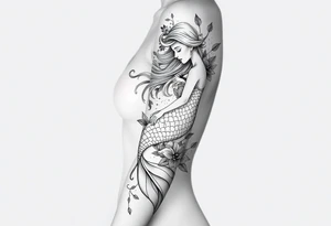 ethereal mermaid with flowing hair among coral and sea flowers tattoo idea