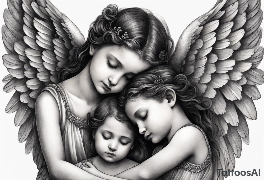 three angels praying together. The two boy angels are on either side of the girl angel, with their wings gently enfolding her in a protective embrace tattoo idea