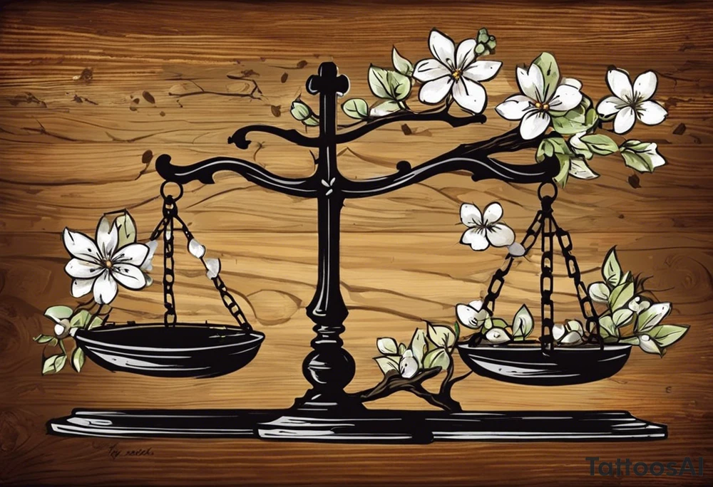 I need you to draw me a old libra scale out of tattered wood. The ends of the cross of wood need to be  broken. I need the bottom to look tattered possible cracks and holes  in wood of scale. I need vines with little white flowers wrapped all the way up the scale across the wood beam. And I want the scale bowls need to be attached by the vines. And I want the two weights of the scale to be wooden as well. They also need to look tattered. The weights need to be fastened on by the vines. I need to make it look like the ends of the vines on both scales is just loosely. I need to incorporate pieces koi fish in beautiful blues greens, and pinks.The fish need to be one on each scale balancing the scale and the tail of the left on, pointing down. the beautiful fish tail fins needs to be covering part of the tattered piece and the fish on the rights tail will be facing unpard with the fin of beauty starting to court the same pic the pieces fish need to be placed in the scale bowls the need to of large size to so theyv  Fill each scale and are persuading out the bowls

Why aren't you adding the pieces fish swimming in opposite directions one on each bowl tattoo idea