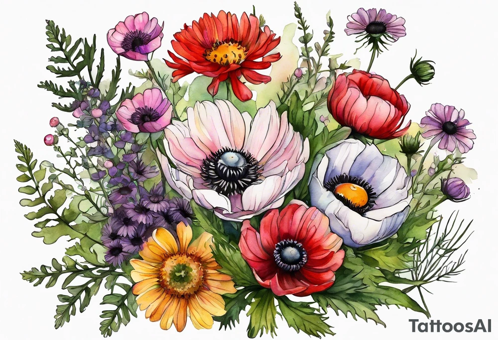 wildflowers with thistles, ferns, ranuculus, white anemones with black center, sun flowers, red flowers, pink flowers, purple flowers, buttercups, babys breath, daisies, and greenery all in watercolor tattoo idea