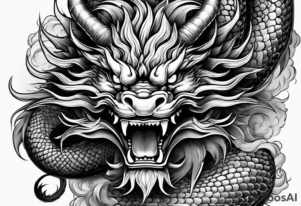 Powerful Japanese dragon, with a fu dog and oni mask for forearm tattoo idea