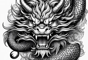 Powerful Japanese dragon, with a fu dog and oni mask for forearm tattoo idea