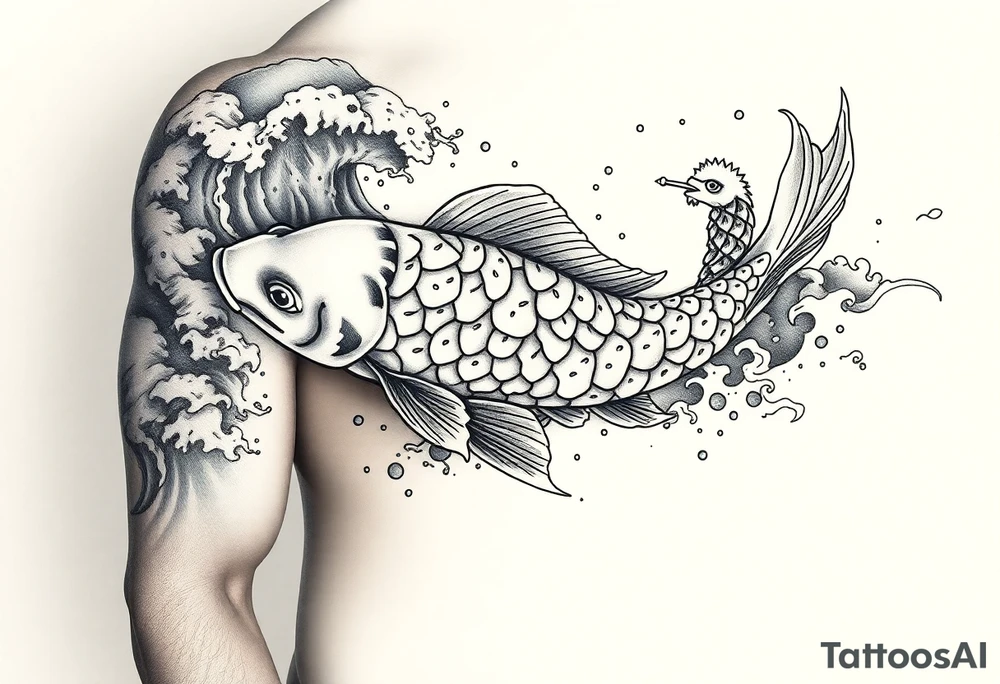 traditional koi fish swimming upstream through turbulent waves tattoo idea