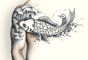 traditional koi fish swimming upstream through turbulent waves tattoo idea