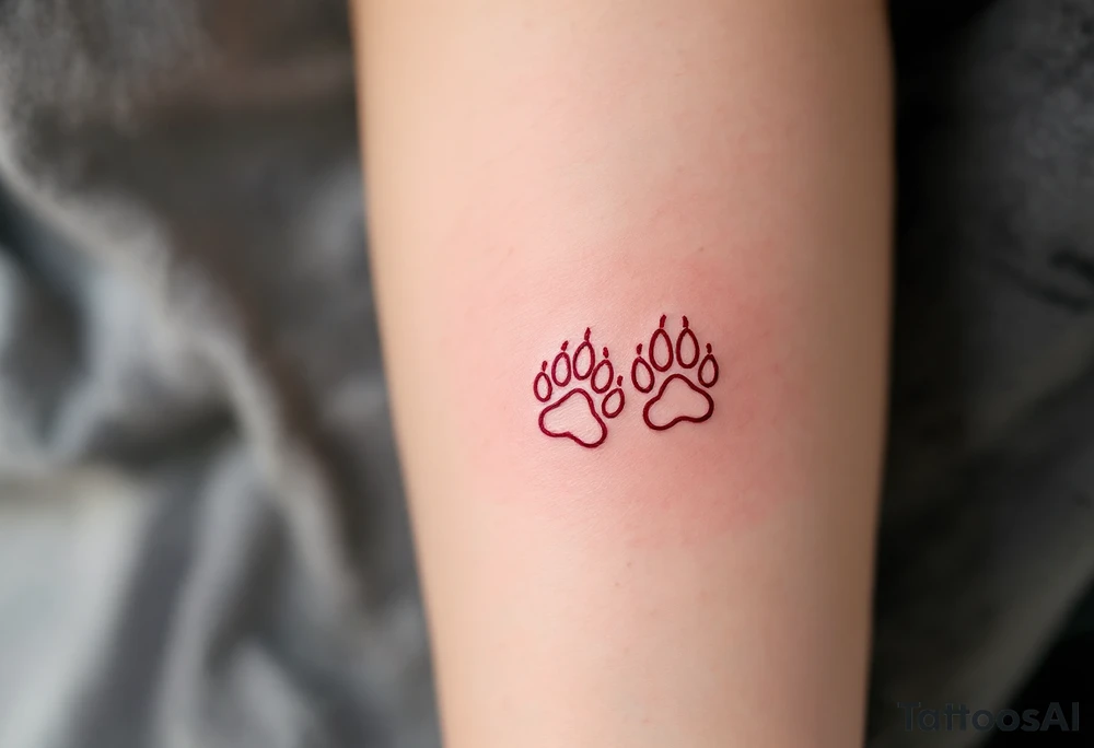 Two delicate paw outlined in pink, placed near the heart or wrist, elegant and minimal. tattoo idea