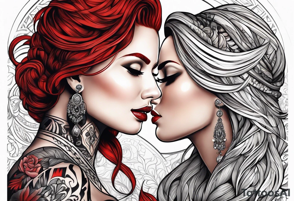 Busty red haired woman with a bearded man who has black hair tattoo idea