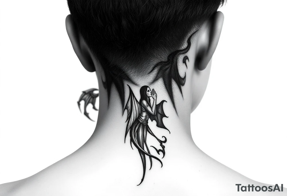 position behind the neck Angel (on the right) whispering in the right ear, demon (on the left) whispering in the left ear. It must be as realistic as possible. tattoo idea