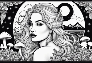 Chubby old blonde woman thin lips surrounded by mushrooms crescent moon mountains background tattoo idea