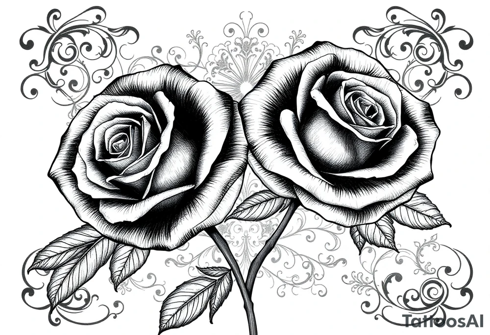 Roses with dark and filigree patterns in background tattoo idea