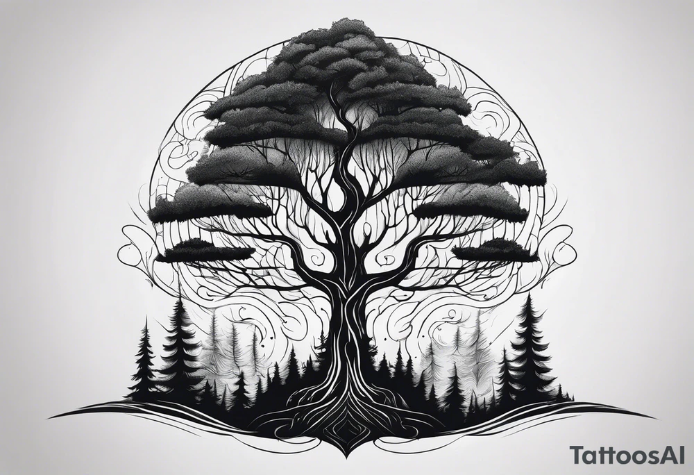 Draw me a Magical forest with s lot of trees in 2D and every tree is black and you see every treetop tattoo idea