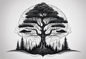 Draw me a Magical forest with s lot of trees in 2D and every tree is black and you see every treetop tattoo idea