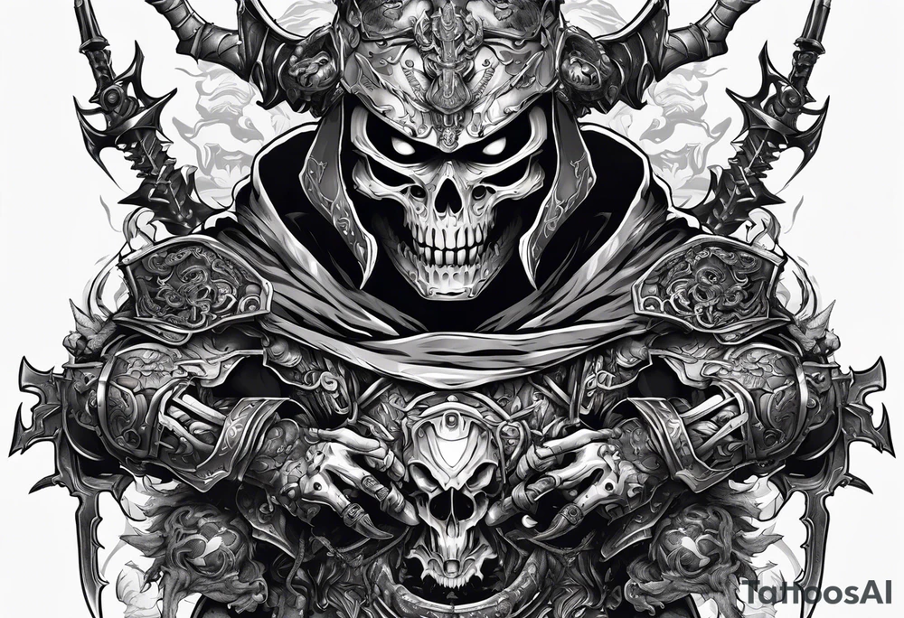 Angry skeleton Modern robot ninja with demon mask with swords in hands fighting dragon tattoo idea