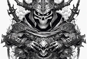 Angry skeleton Modern robot ninja with demon mask with swords in hands fighting dragon tattoo idea